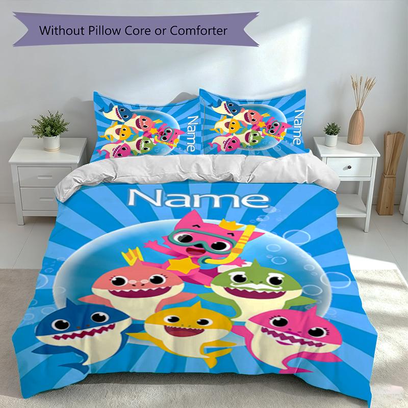 3pcs Custom Name Cute Shark Set,Includes 1 Duvet Cover and 2 Pillowcases,All-season Bedroom Decor