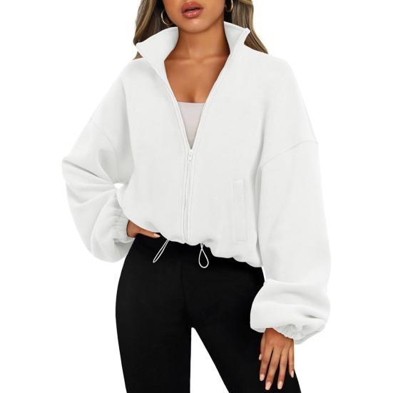 Women's Zip Drawstring Fleece Short Jacket Full Hem Stand Collar Warm