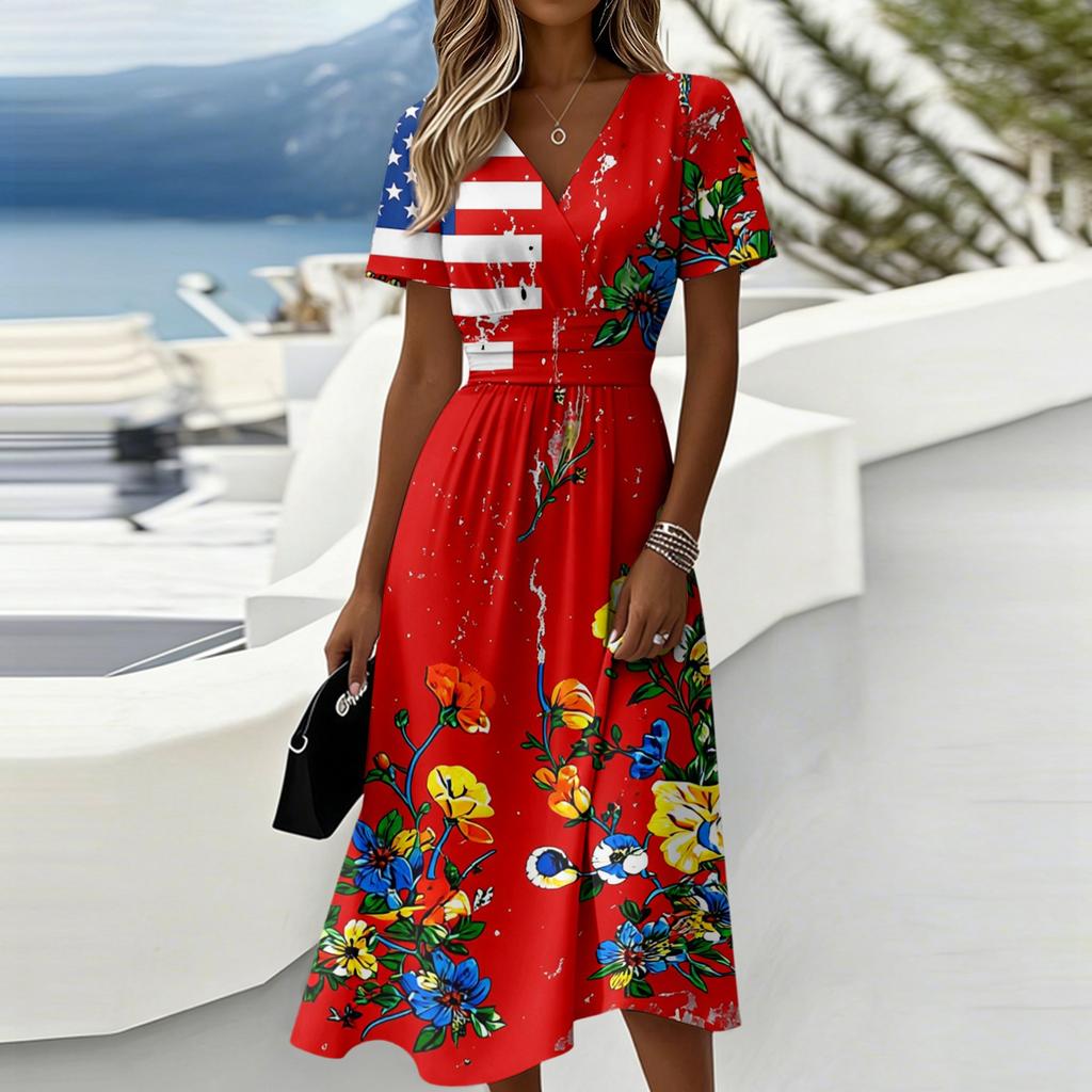 Women's Independence Day Print Casual Fashion Short Sleeve V-Neck Dress