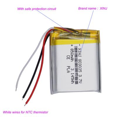 3.7V 850mAh 3.14Wh Li-Polymer Replacement Li Lipo Rechargeable JST 3Pin NTC Thermistor 3 Wires Battery 803035 For GPS Camera LED