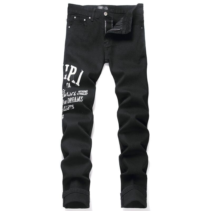 2025 Ny High Street AMIRI Stil Slim Fit Svart Broderi Smalfot Herre Denim Bukser Menn