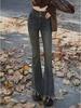 Cross-Border Tassel Cement Gray Micro-Flare Jeans: Women's 2026 Spring/Summer Elastic Slimming Retro Pants with Frayed Hem