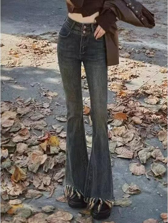 Cross-Border Tassel Cement Gray Micro-Flare Jeans: Women's 2026 Spring/Summer Elastic Slimming Retro Pants with Frayed Hem