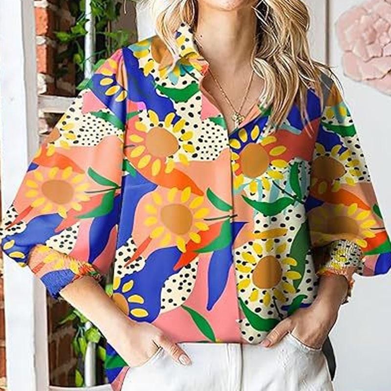 

Блузка с длинным рукавом с принтом, лацкан, рубашка с рукавами-фонариками, пуловер нового осеннего стиля, свободные эластичные манжеты с принтом, женская блузка XXL