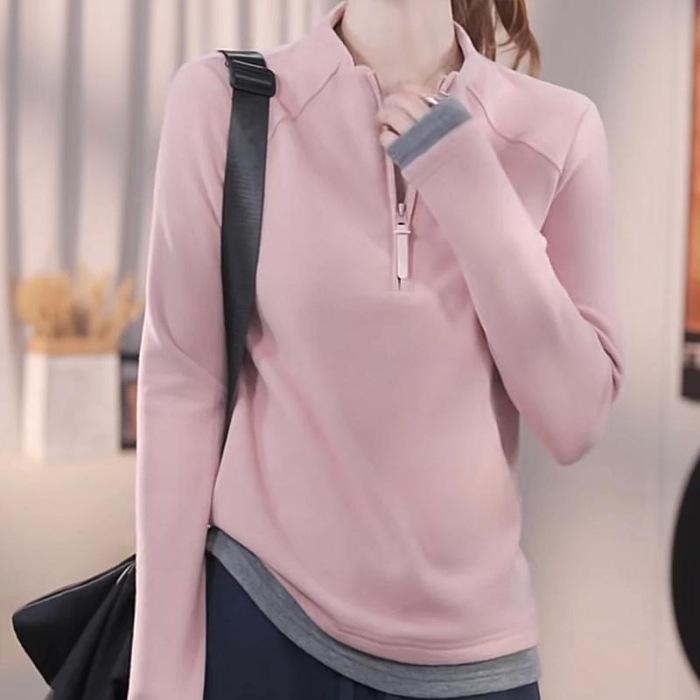 

92 polyester fiber 8 elastane design sense half zipper color matching German velvet shirt slim versatile autumn girl 3XL рожевий