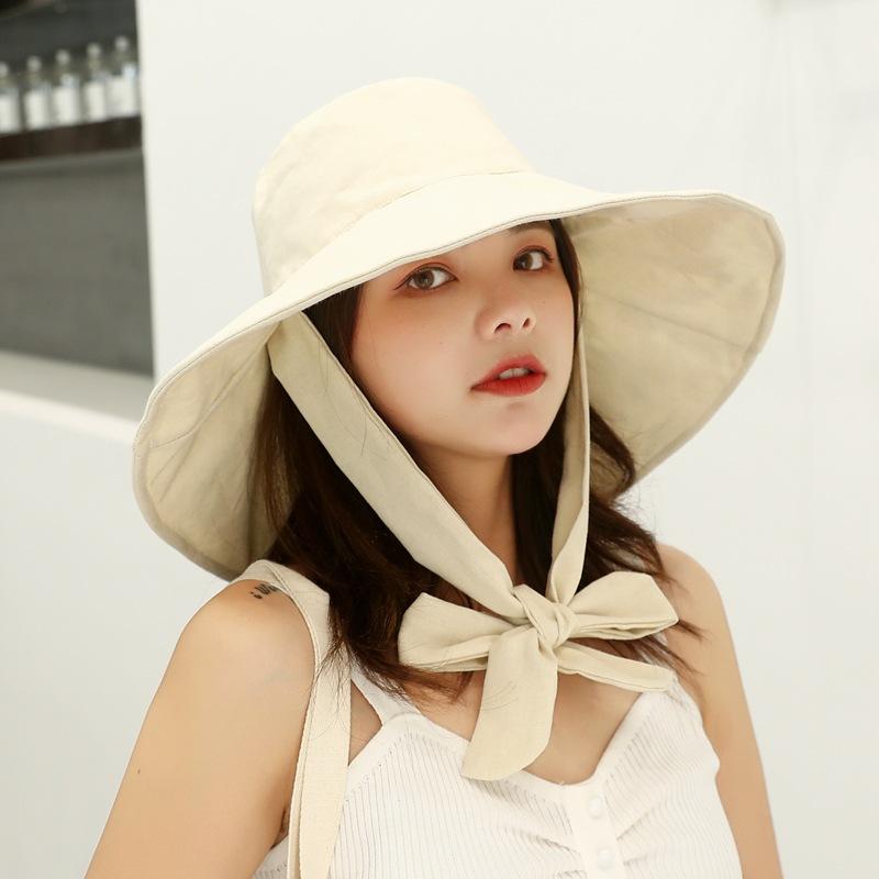 Japanischer Leinen-Eimerhut mit langem Band - Breiter Rand Gesichtsabdeckung Sonnenhut für Damen, Koreanischer Stil Sommer Strand Reise Boater
