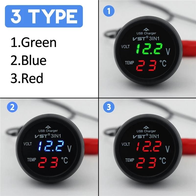 3 In 1 DC 12V/24V LED Digital Meter Display USB Car Charger Voltmeter Thermometer Car Battery Monitor LED Digital Dual Display