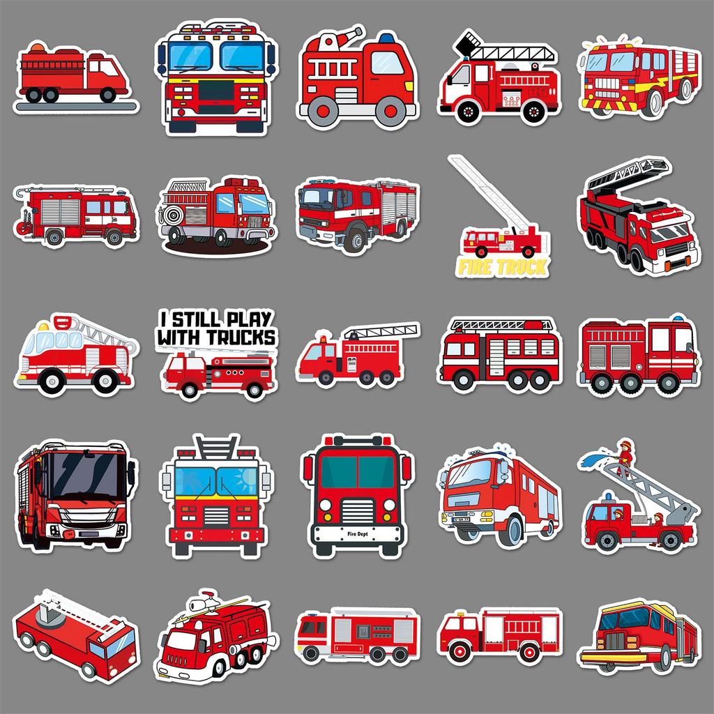 100 Fire Truck Graffiti Stickers - Cartoon Decor for Water Bottles, Phone Cases, Suitcases