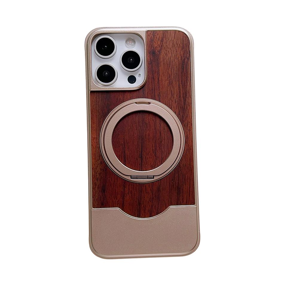 Alloy Wood Hybrid Case For iPhone 13 14 15 16 Pro Max 360° Rotation Metal Stand Matte Magentic Expandable Frameless Case Cover