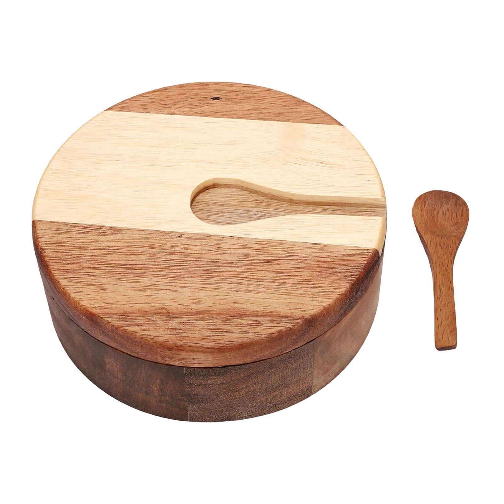 Houten Zoutvat, Deksel en Lepel, 14 X 5 Cm Japans