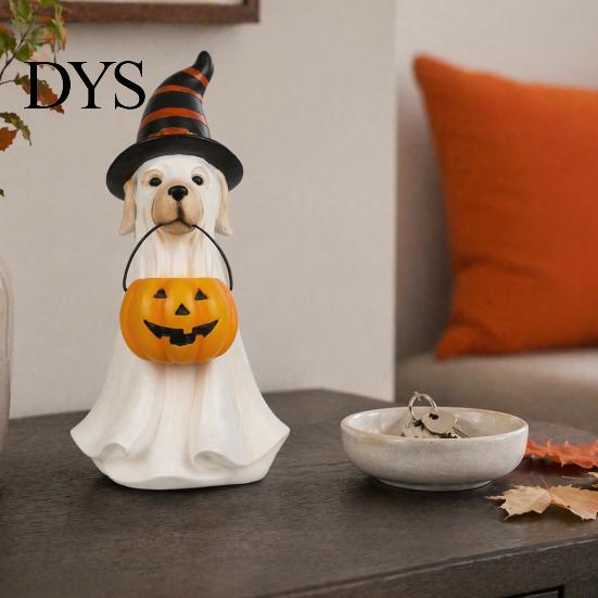 Accenti Decorativi per Halloween, Statuetta Cane Fantasma, Statua in Resina Zucca con Cappello da Mago, Carino Decorazione da Tavolo, Bomboniere per Ingresso, Bar, Finestra, Festa, Adorabile