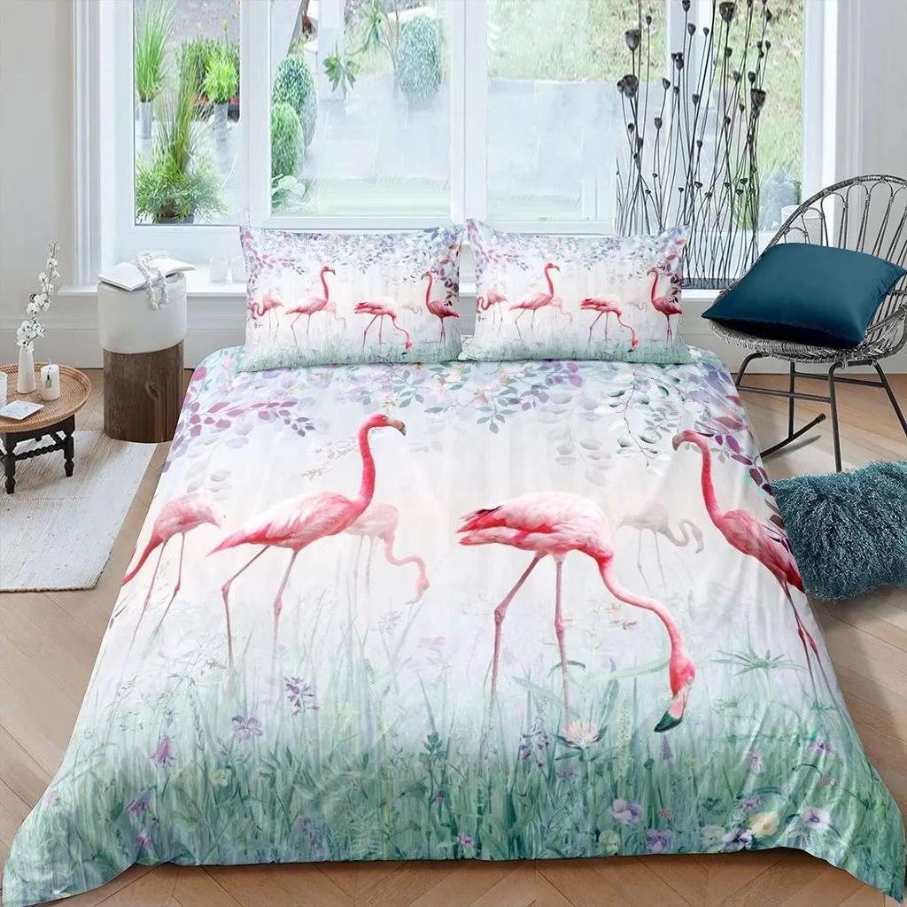 Flamingo Duvet Cover Three-Piece Girl Bedroom Bedding Quilt Cover Set Pink Bedspread