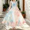 Dreamy Pastel Tie-Dye Maxi Dress, Sleeveless Flowy Summer Holiday Boho Sundress with Round Neck