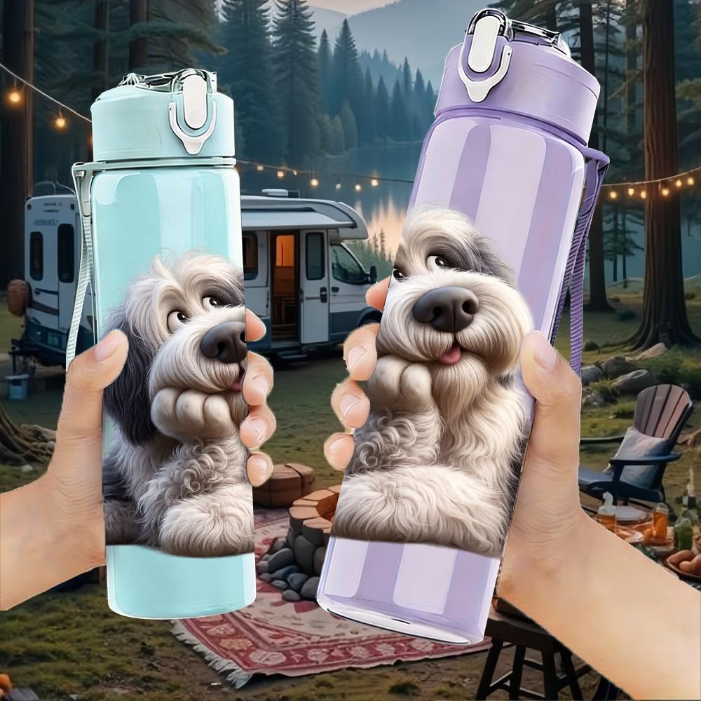 1PC Fluffy Old Dog Pet Portrait Print 750ml Color Plastic Sports Water Bottle Leakproof Flip Straw Lid Suitable for Sports Office Home Use