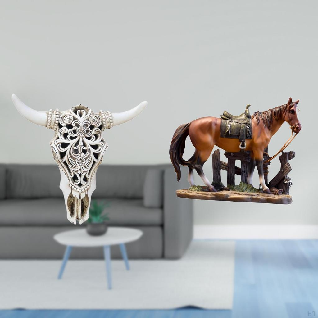 Tribal Bull Head Sculpture And Horse Figurine Wall Hanging Art Ornament for Office Farmhouse Bedroom