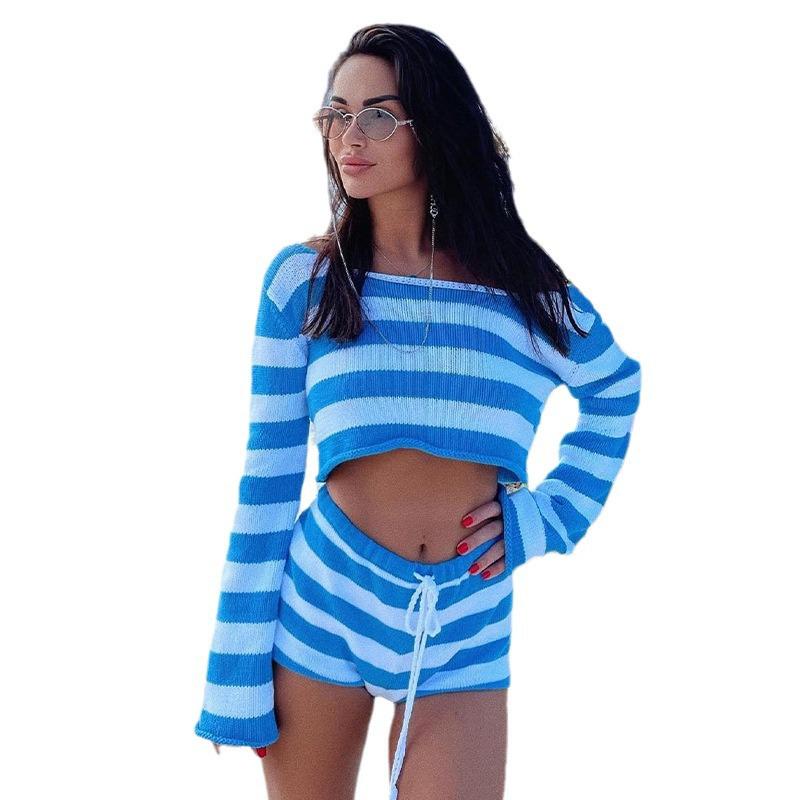2023 European & American Women's Striped Knit Two-Piece Set: Long Sleeve Crop Top & Shorts
