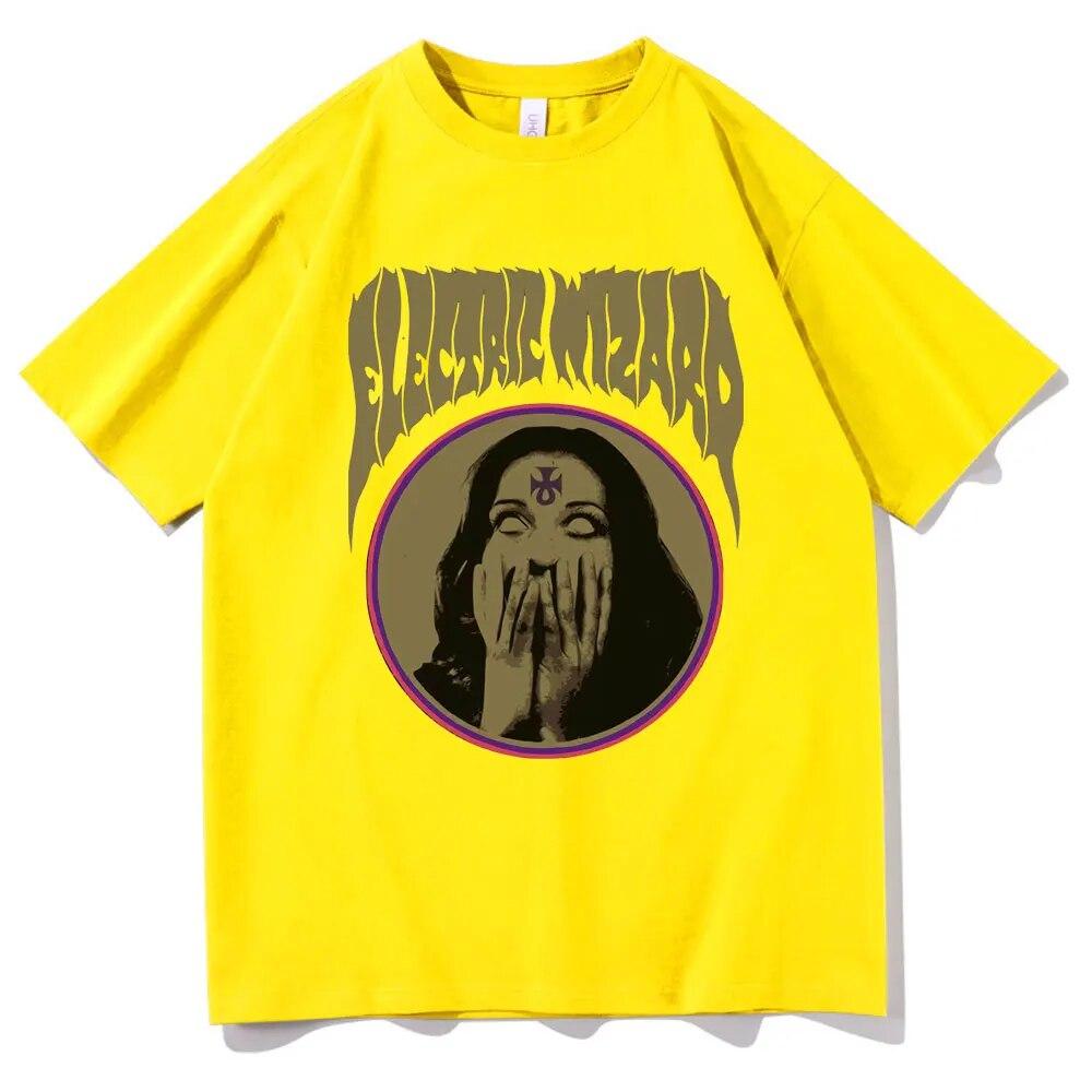 Elektryczny czarodziej opętany T-shirt z nadrukiem unisex kobiety rockowa koszulka z czystej bawełny okrągły dekolt w stylu casual, czarny t-shirty unisex czarny streetwear