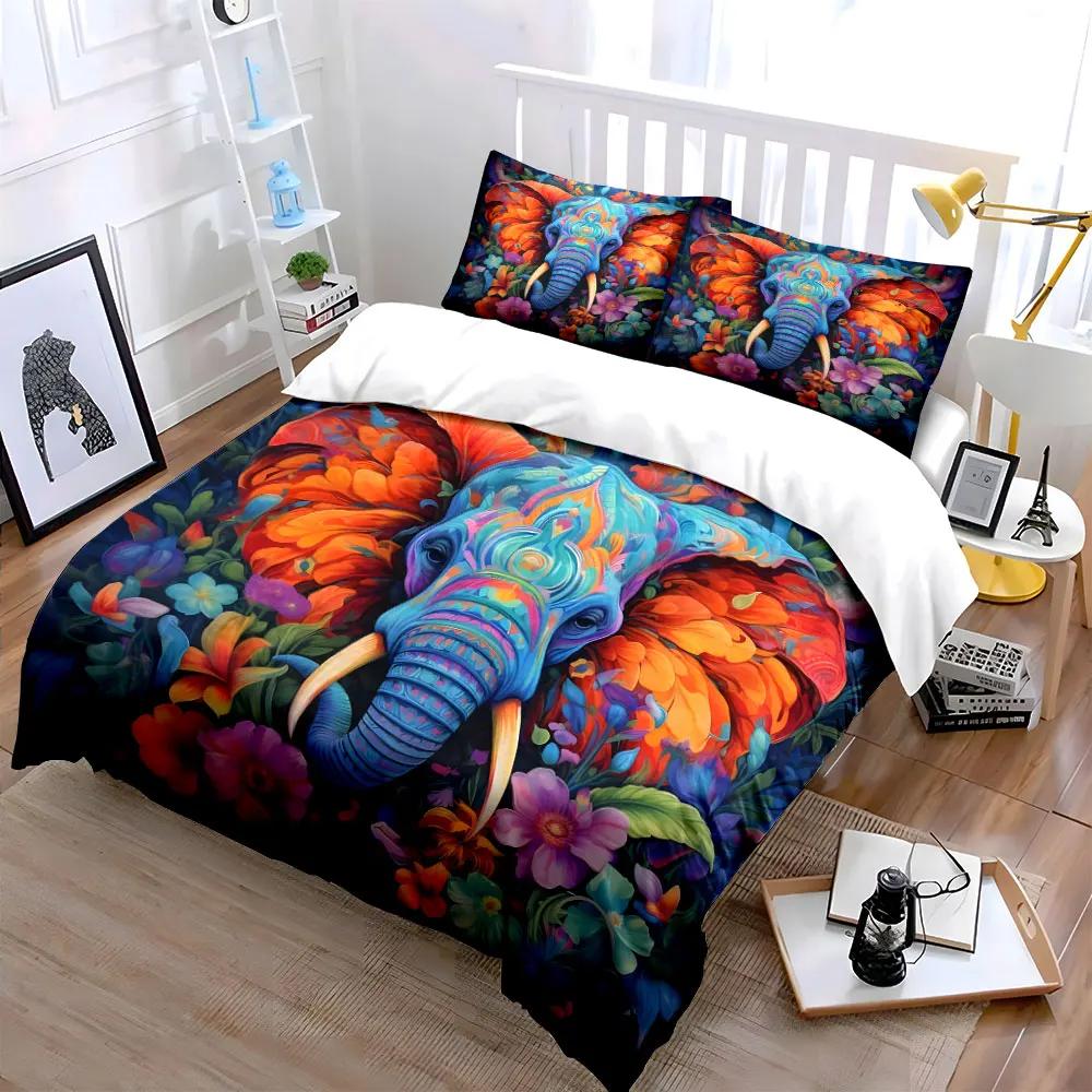 Colorful Elephant Floral Art Set Multiple sizes kid's and adults' bedroom Exquisite 3PC bedding set gift