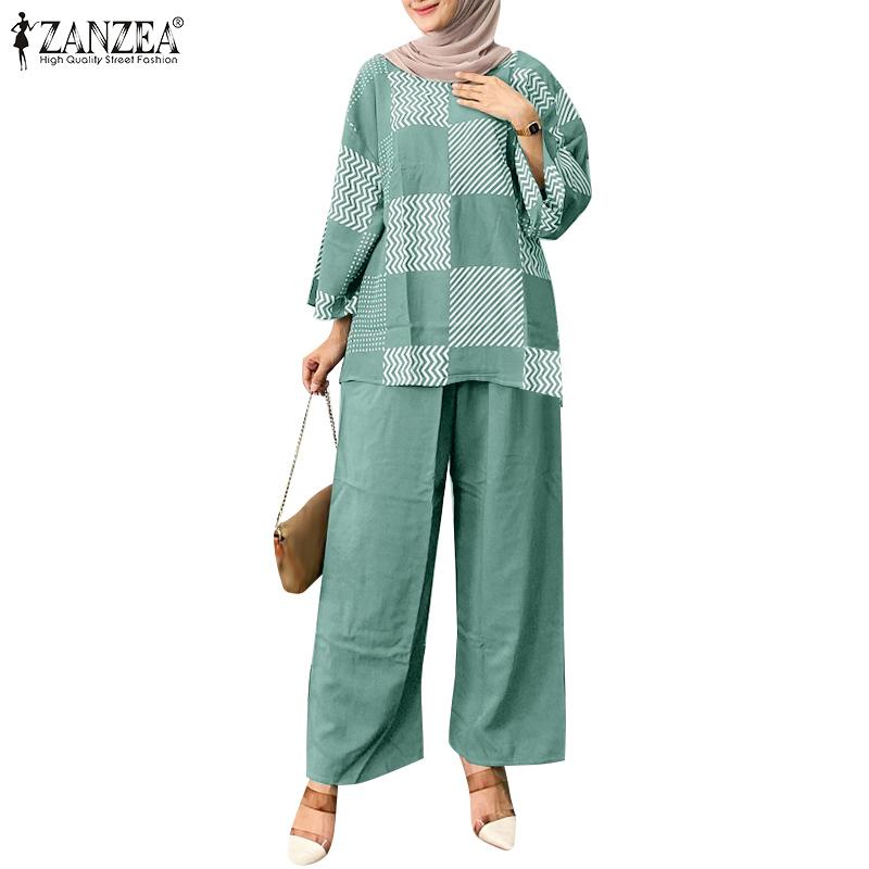 

ZANZEA Женские повседневные комплекты из блузки и брюк с принтом из двух предметов 2XL зелёный