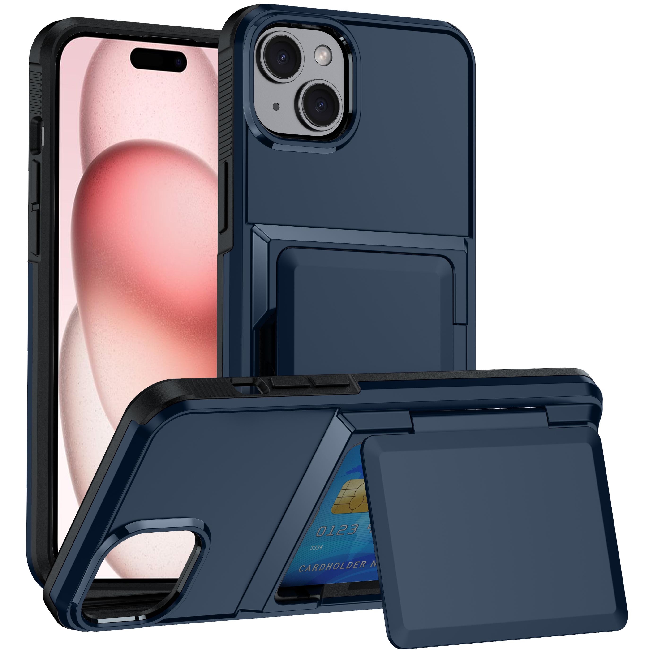 

For iPhone 15 Cases Card Slot TPU+PC Kickstand Phone Case B