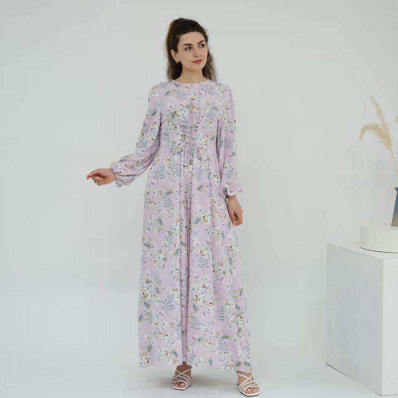 

Fashion New Arrival Floral Print round Neck Long Sleeves Waist Dress Printed Long Sleeve Dress Light purple M