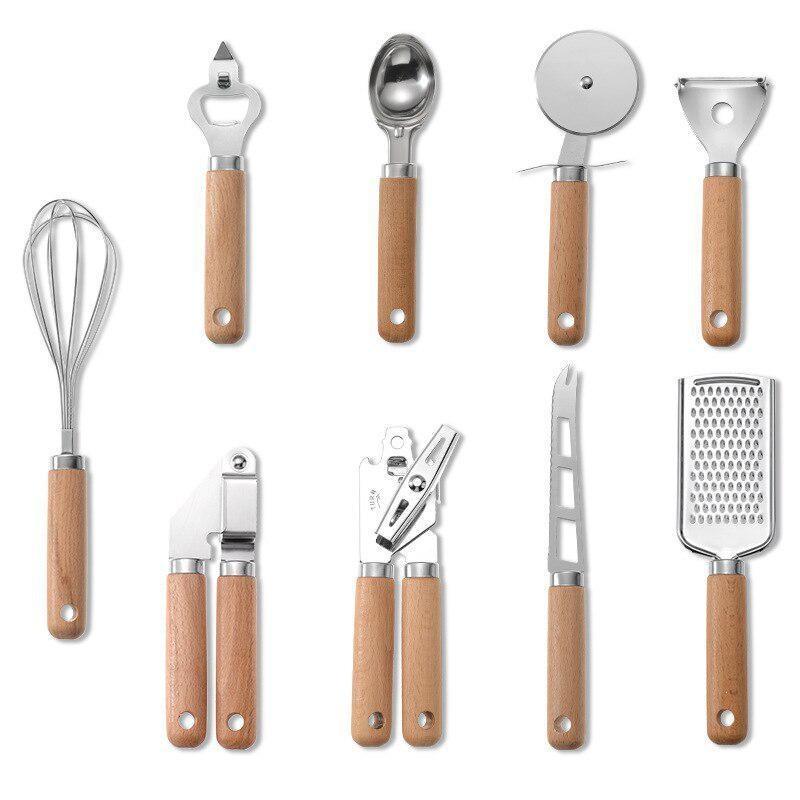 Kjøkkenredskaper med trehåndtak Lite kjøkkenredskapssett Bakesett Pizzaostkniv Rustfritt stål Eggvisp