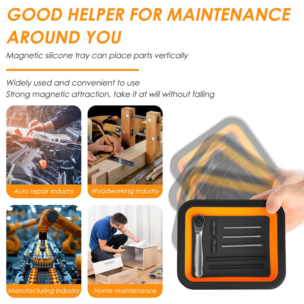 Collapsible Magnetic Parts Tray Set 3 Different Size Tool Silicone Trays for Screw, Bolts, Nuts, Washers, Pins and Other Parts