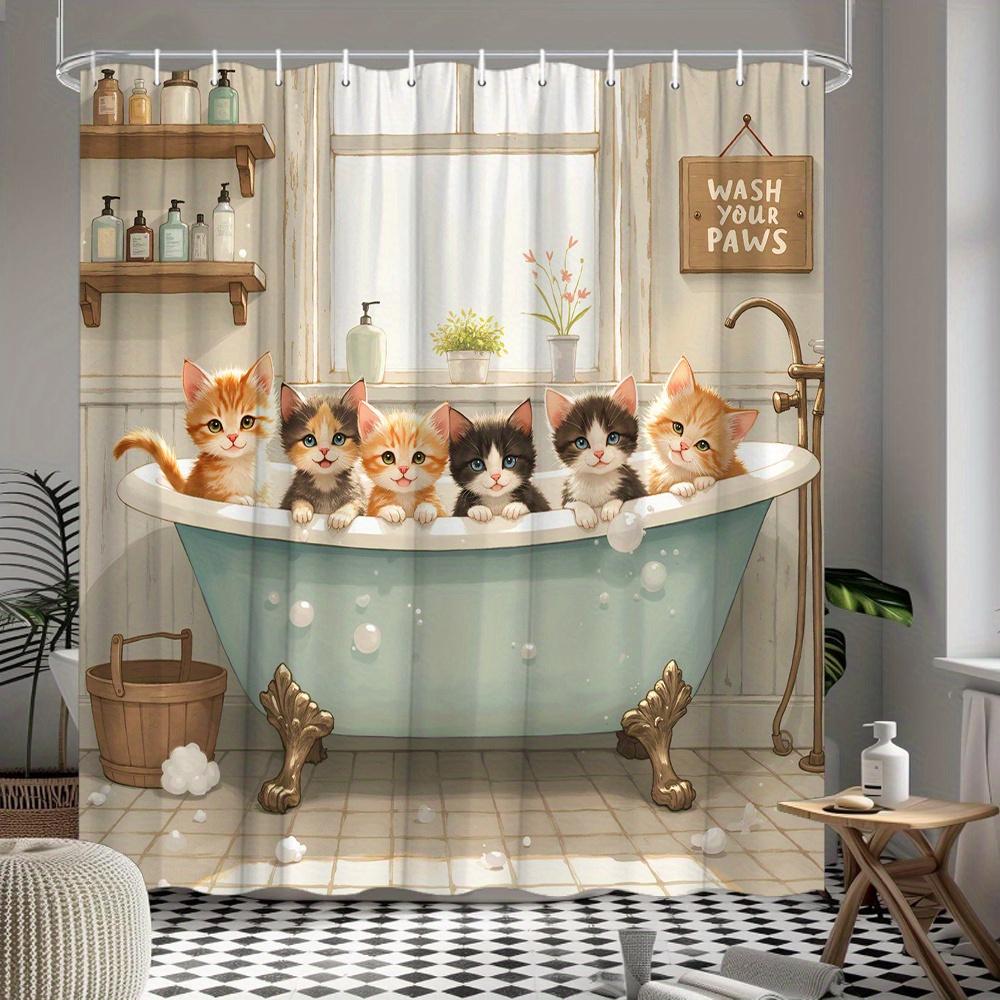 Cute Kitten Bathtub Scene Shower Curtain Machine Washable All Season Waterproof Privacy Protection Cartoon Design Kids 12 Hooks