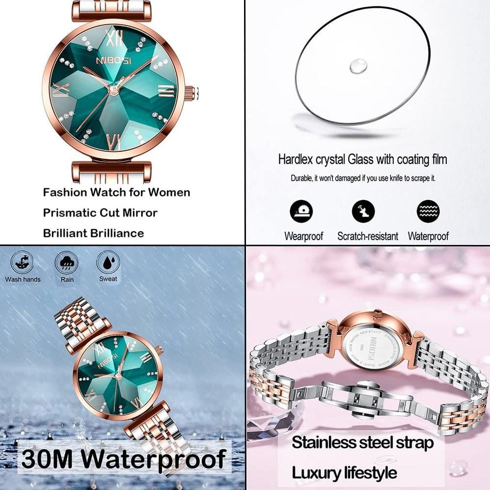 NIBOSI Ladies' Waterproof Analog Quartz Wristwatch Stainless Steel Green Casual Business Gift for Women