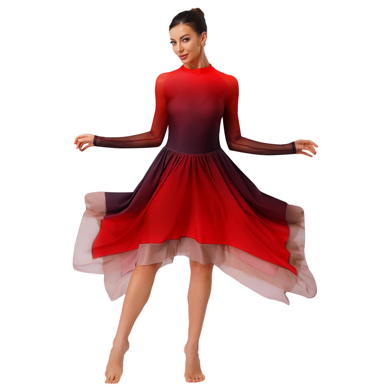 

Women Lyrical Dance Dress Gradient Mesh Long Sleeve with Irregular Hem Back Keyhole Leotard for Figure Skating S червоний