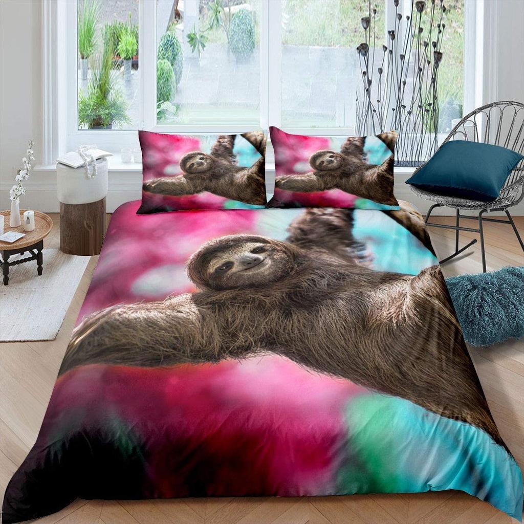 Kids Sloth Duvet Cover Set Queen King Size, Cute Animal Pattern Polyester Comforter Cover, Branches Winter Theme For Boys Girls