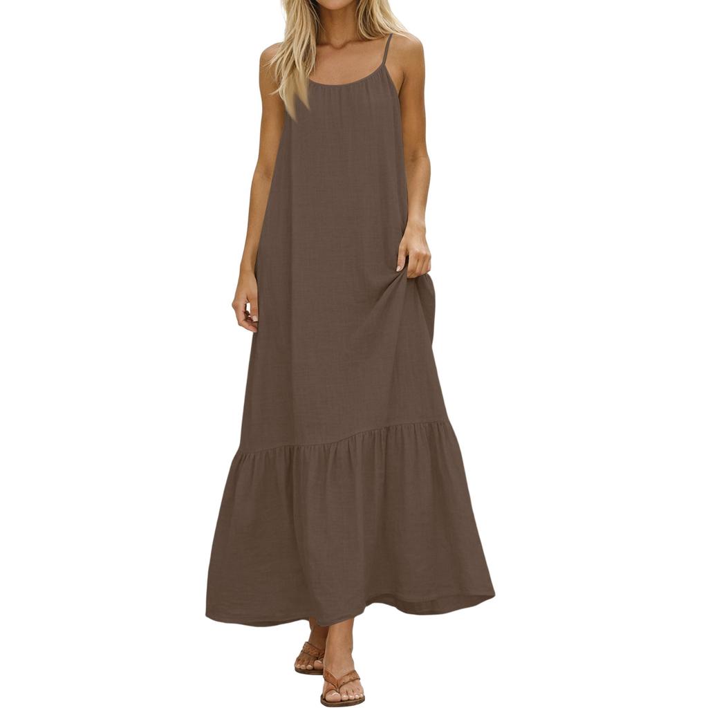 Dames Zomerjurken Spaghetti Bandjes Ronde Hals Gerimpeld Ruches Vloeiend Boho Maxi Jurk