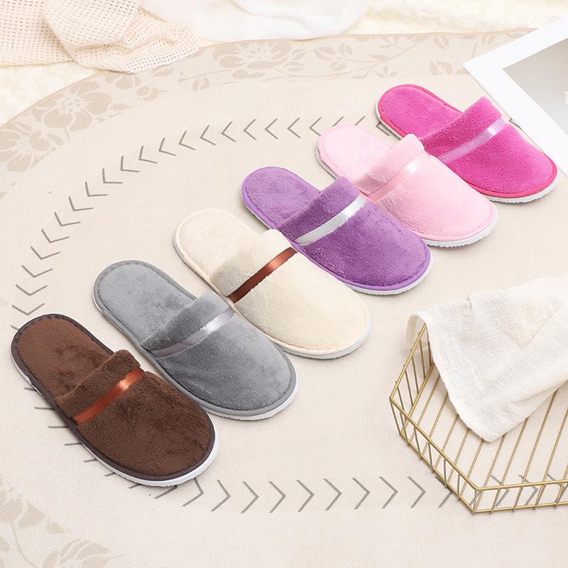 Coral Fleece Disposable Slippers with Color Ribbon for Home, Guest, Travel, Hotel, B&B - Thickened Comfort.