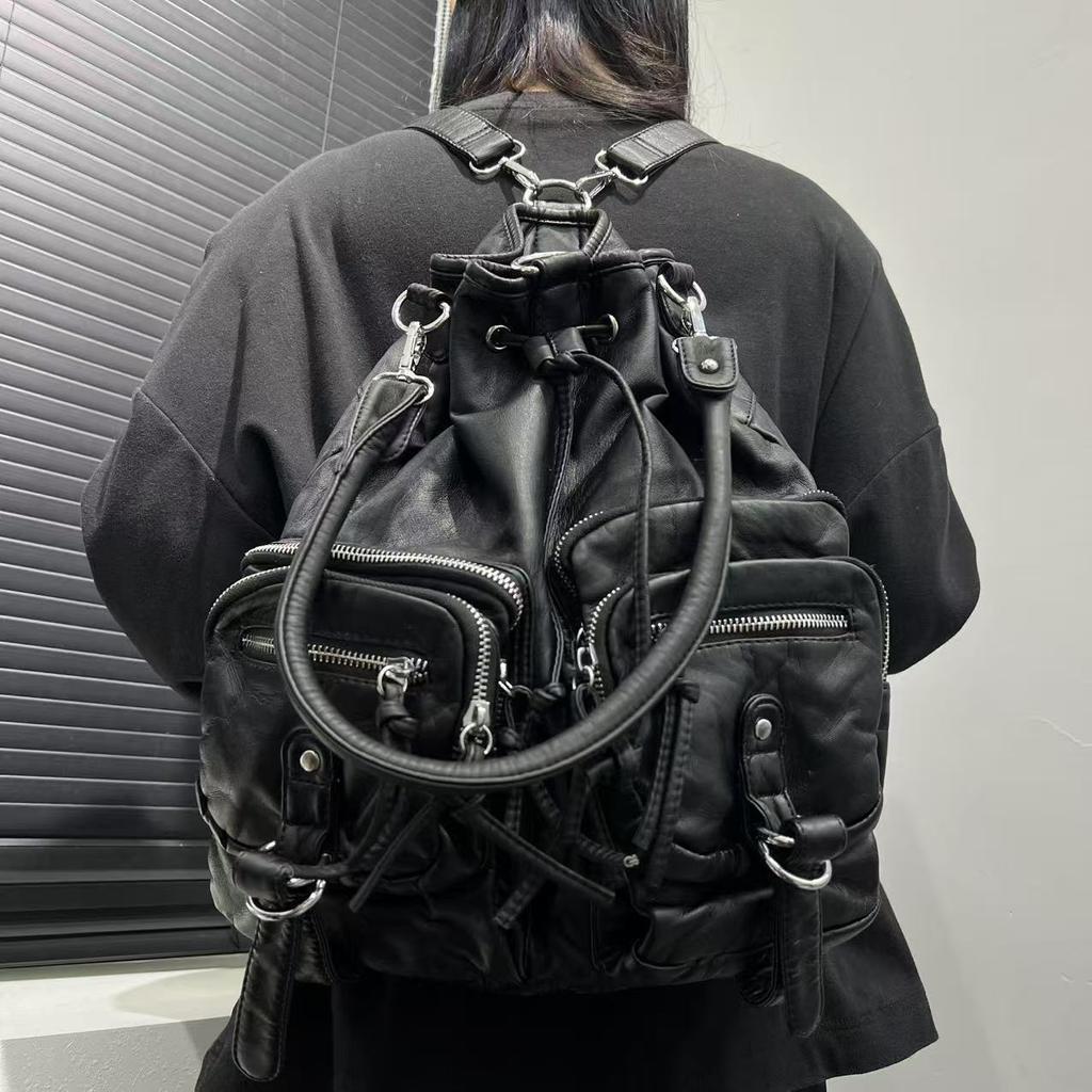 Fashionable and Personalized Spicy Girl Multi Pocket Backpack with Large Capacity and Multifunctional Distressed Single Shoulder Diagonal Cross Bag