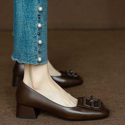 Handgefertigte Lederschuhe im Retro-Stil mit eckiger Spitze und flachem Ausschnitt, Damen-Neuzugang für Frühling und Herbst, Slipper mit mittelhohem, dickem Absatz, Berufsschuhe