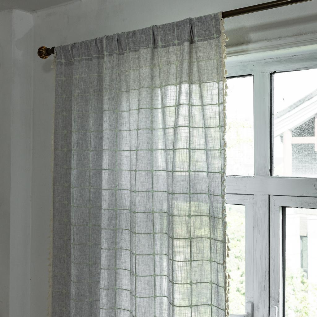 Curtain Finished Grey Plaid Embroidered Farmhouse Decorative Blackout Half Curtain Bohemian Curtain