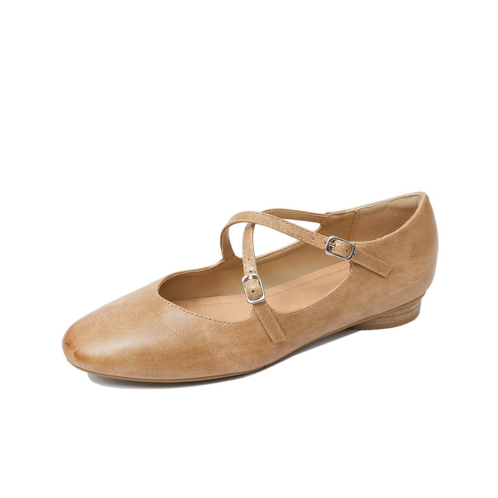 Vintage cross-strap Mary Jane shoes women's leather single shoes spring niche shallow mouth flat ballet grandma shoes