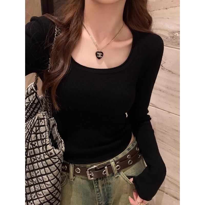 Curled Square Neck Leaking Collarbone Knitted Sweater Women's Spring Slim-fitting and Thin Inner Top, High-end Bottoming Shirt