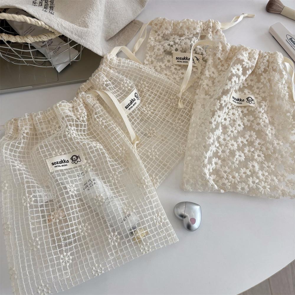 Lace Embroidered Daisy Mesh Drawstring storage Bag Cute Summer Travel Cosmetic Toiletry Organizer Storage Pouch