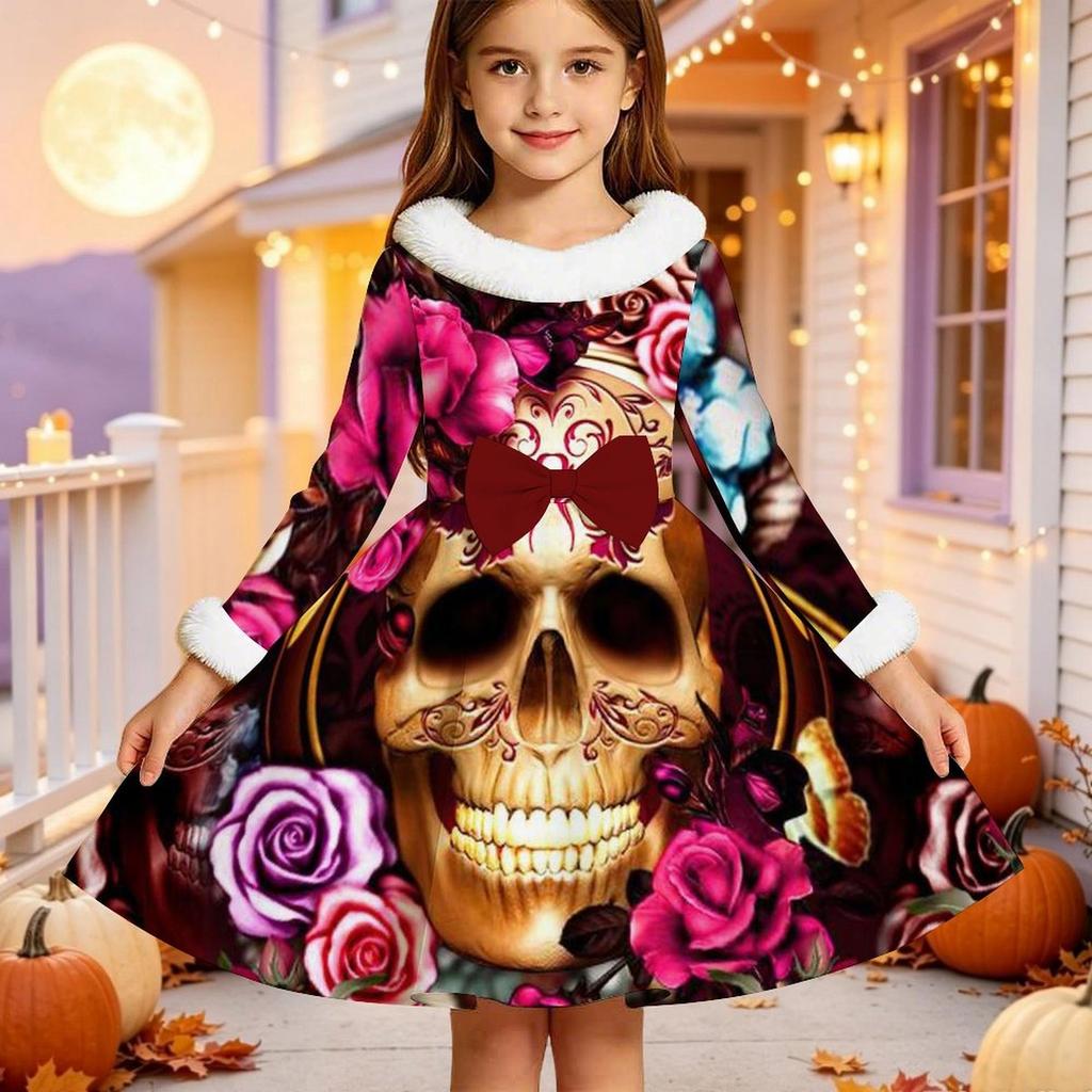 Kinder Langarm Weihnachtskleid, Halloween-Print Kunstpelzkragen Schleifen-Dekor Prinzessinnenkleider für Mädchen Feiertagsparty-Kleidung