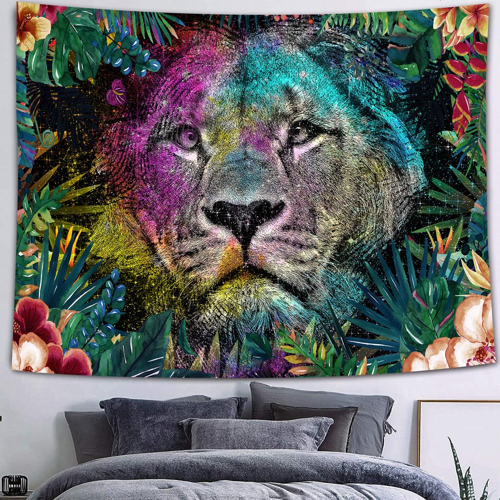 Simsant Forest Wildlife Tapestry Psychedelic Lion Forest Wall Hanging Tropical Plants Nature Landscape Dorm Bank