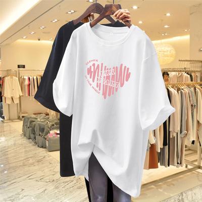 Pink T-shirt Women's Summer Short Sleeves 2025 New Love Pure Cotton Medium and Long Loose T-shirt Clothes Ins