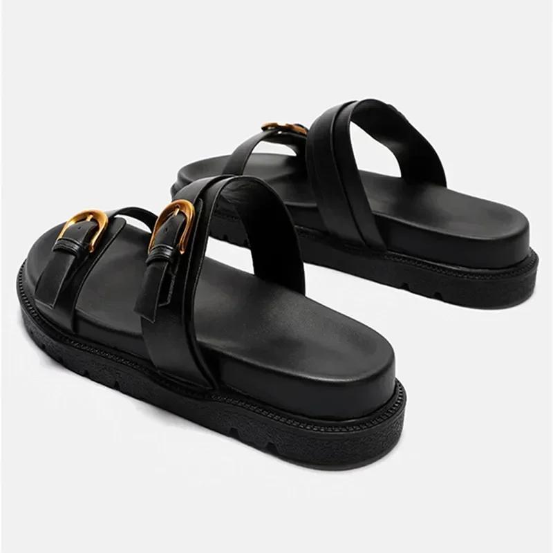 Luxury Platform Slippers for Women Summer High Quality Soft Leather Metal Buckle Slide Sandals Beach Flat Shoes