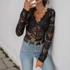 Women's Elegant Solid Color Long Sleeve Lace Sexy Bodysuit,  Popular European & American Style Jumpsuit for Spring Autumn