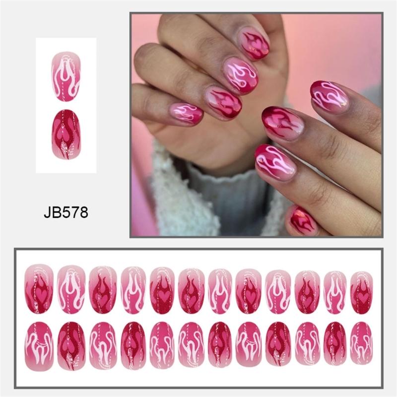 24 Stück Kurze Press-On-Nägel mit Herz- und Flammen-Designs Acryl-Fingernägel für Damen und Mädchen Einfach anzubringen und zu entfernen