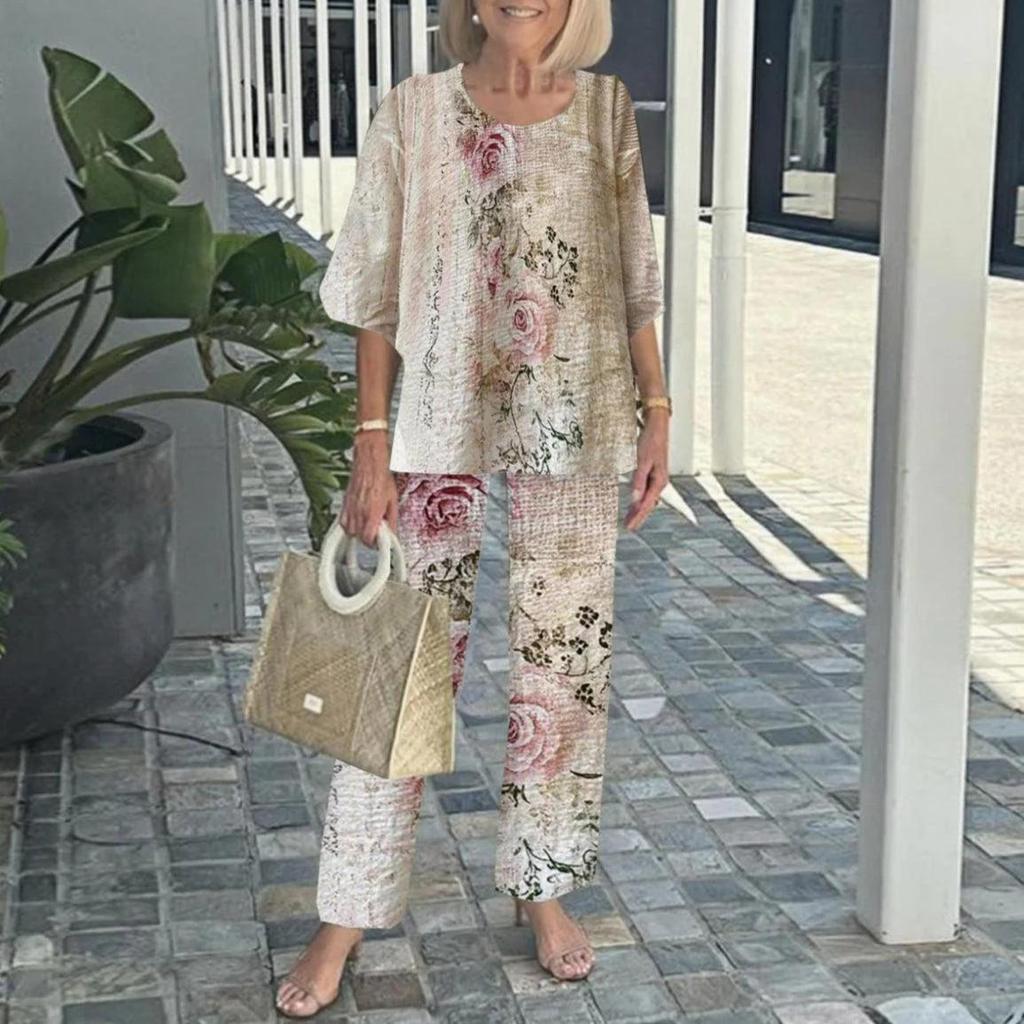 Women's Green Loose Fit Top with Leaf Print Pants Set, Casual Summer Outfit with Straw Bag