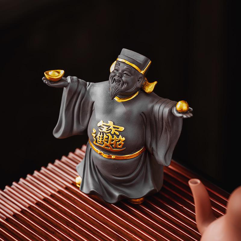 Zisha God of Wealth Tea Pet Figurine - Attracts Wealth & Treasure, Decorates Tea Table, and Grows with Tea; Includes Lid Holder Accessory
