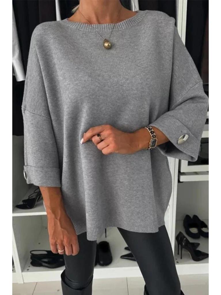 2025 Women's Solid Color Round Neck Mid-Sleeve Knitted Casual Sweater