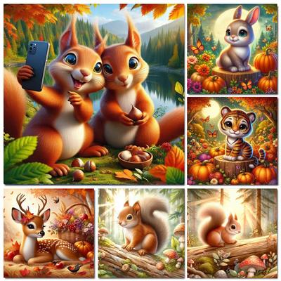 5D Diy Diamond Painting Cross Stitch Autumn Forest Animal Deer Tiger Squirrel Rabbit Full Square Round Diamond Mosaic Embroidery