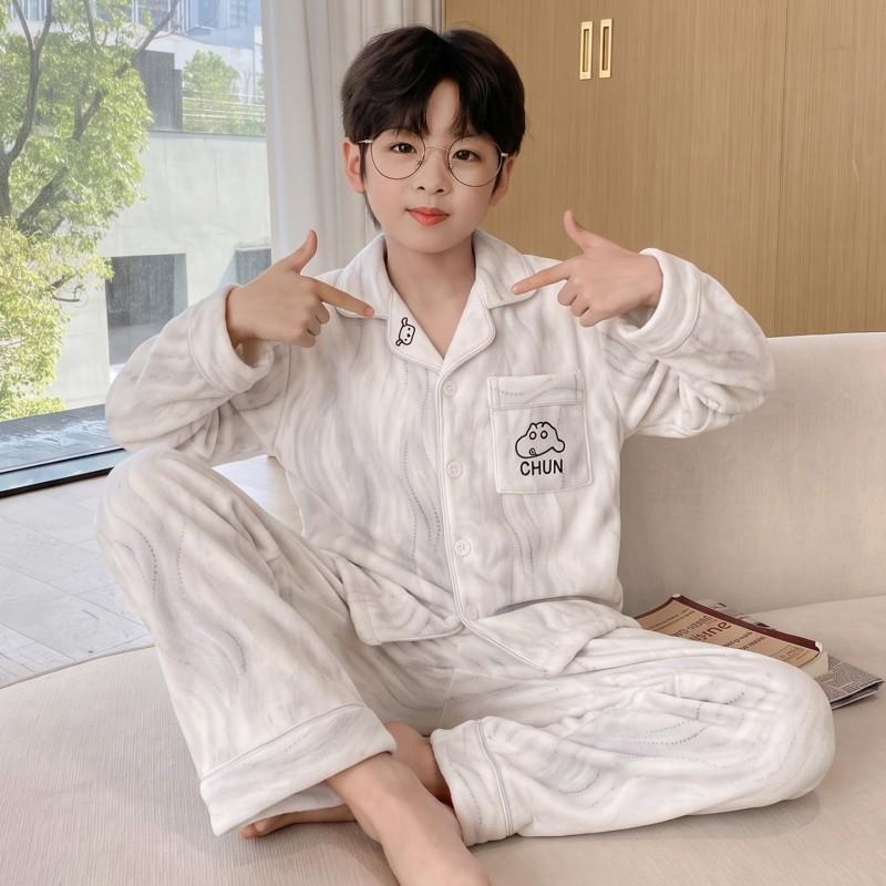 Boys Warm Fleece Pajama Set Long Sleeve Cartoon Print Sleepwear Kids 8 Years Home Wear Fall